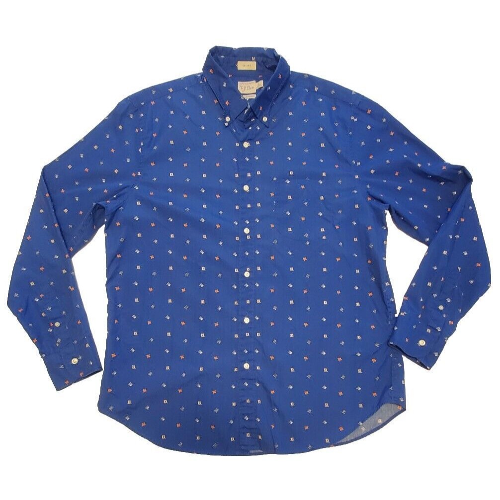 J. Crew Men's Secret Wash Cotton Poplin Button Up Shirt Nautical Flag Size Large